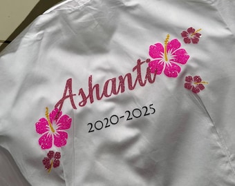 School leavers shirt, hibiscus flower, many colours available, personalised, college, secondary, primary leavers, keepsake, glitter, year 11