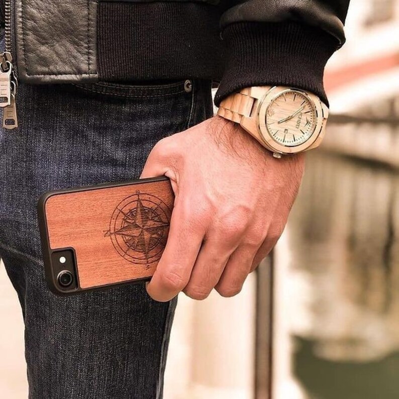 Real Wood Phone Case Boyfriend Gift. Compass Engraved Wood Iphone Case Compass Engraved Wood Phone Case