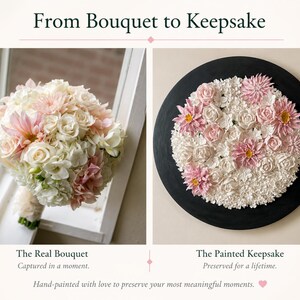 May include: A fresh bouquet of white and pink flowers next to a painted floral keepsake on a black circular background. The text reads "From Bouquet to Keepsake" and "The Real Bouquet Captured in a moment" and "The Painted Keepsake Preserved for a lifetime."