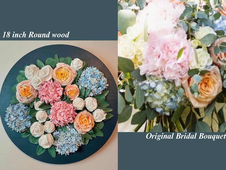 May include: An 18-inch round wooden floral arrangement featuring a variety of flowers in shades of pink, orange, white, and blue. The arrangement is set against a dark teal background. The text "Original Bridal Bouquet" is also visible.