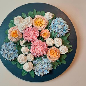 May include: A round, dark teal wall art piece featuring a floral arrangement. The arrangement includes pink, white, and peach-colored roses, blue hydrangeas, and green leaves. The flowers are arranged in a circular pattern.
