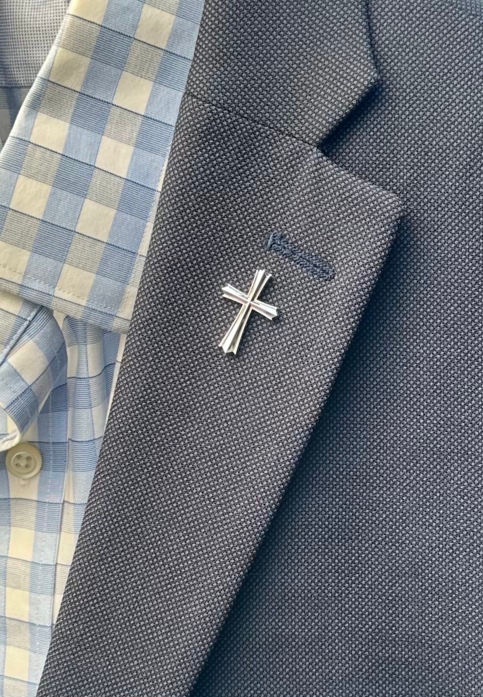 Silver Plated  Cross Lapel Pin sculpted Cross with box Christening Baptismal Christmas Easter gift Religious Jewelry