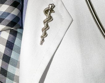 Sculpted Rod of Asclepius Lapel Pin: Matte Nickel Medical Symbol