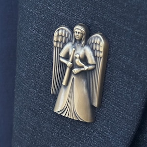 Guardian Angel Lapel Pin brooch Pin Box. Matte Silver or Antique Gold finish