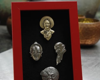 4 Classic Movie Pins Framed Nosferatu, A Trip to the Moon, Metropolis Robot, Bandit The Great Train Robbery  RED/BLACK Frame