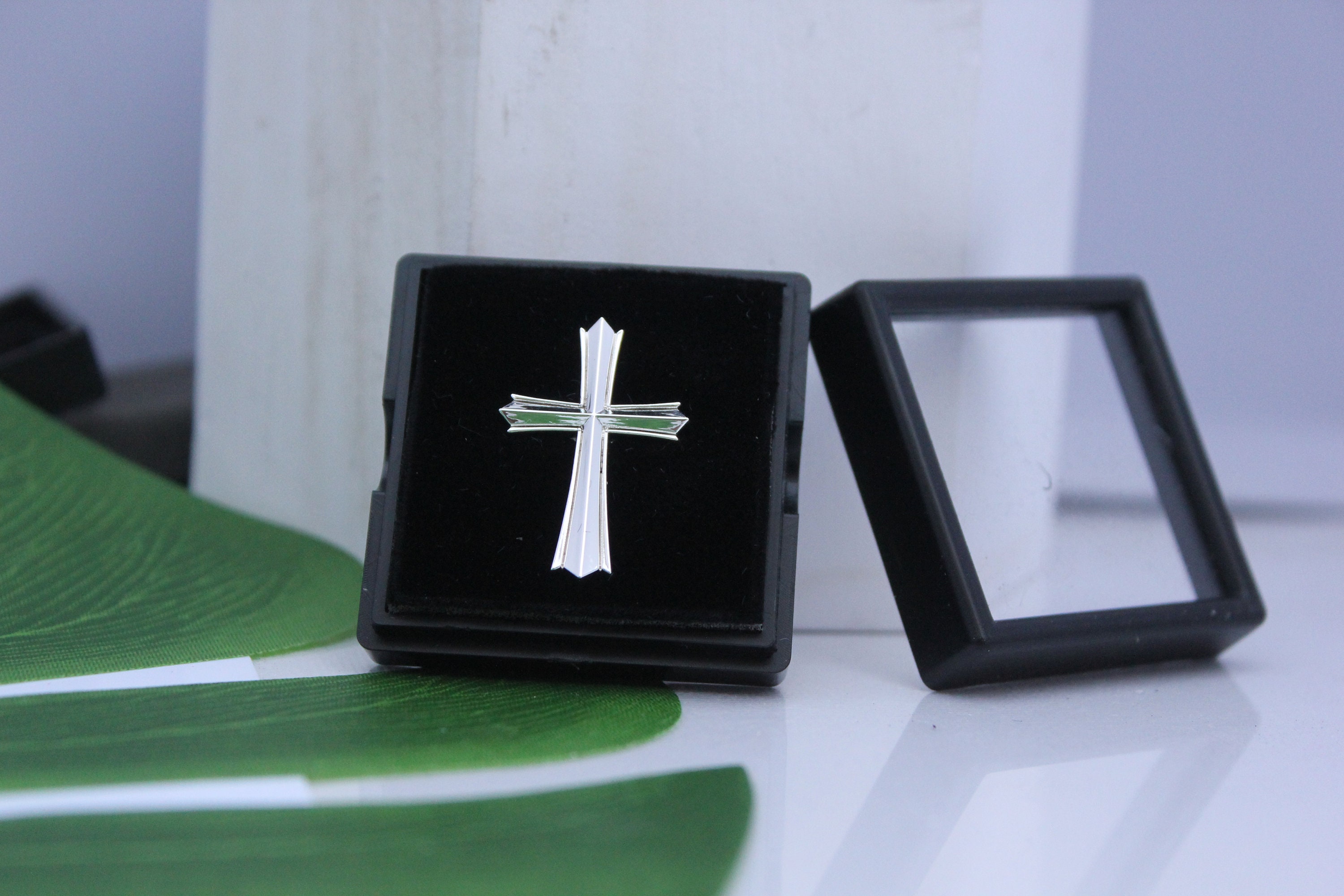 Silver Plated  Cross Lapel Pin sculpted Cross with box Christening Baptismal Christmas Easter gift Religious Jewelry