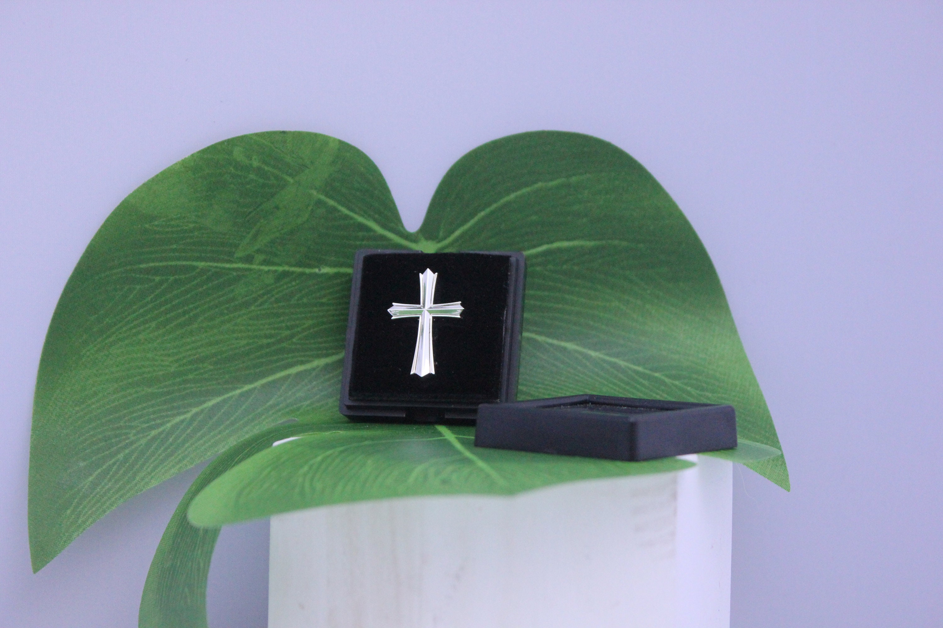 Silver Plated  Cross Lapel Pin sculpted Cross with box Christening Baptismal Christmas Easter gift Religious Jewelry