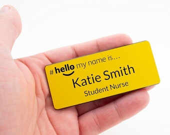 Engraved Personalised Hello My Name is Yellow Name Badge Premium Custom Durable NHS Doctor Student Midwife Hospital (No Dome) 76 x 32mm