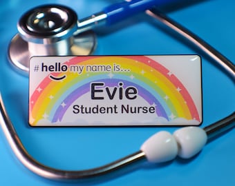 Resin Finish Personalised #Hello My Name Is Sparkling Rainbow Name Badge Student Nurse Doctor Teacher NHS Hospital 76 x 32mm White/Black