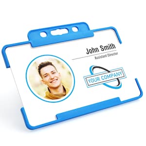 Badgemaster horizontal bleu logo de votre entreprise, carte d'identité avec photo personnalisée personnalisée avec cordon et porte-carte rigide ou enrouleur CR80