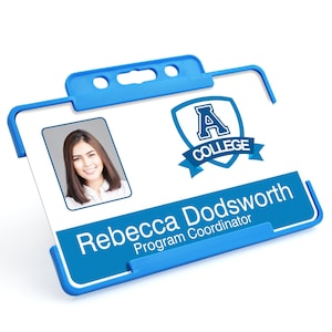 Badgemaster blanc bleu inférieur horizontal votre logo professionnel personnalisé photo d'identité porte-cartes rigide et lanière ou bobine CR80