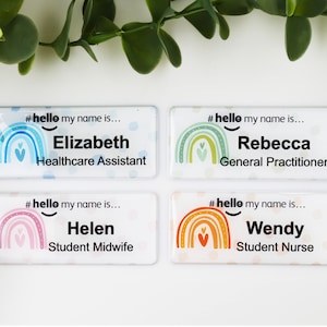 Resin Finish Personalised Rainbow polka Dot Hello My Name Is Name Badge Nurse Midwife Hospital NHS Practitioner Nursery Preschool 76 x 32mm