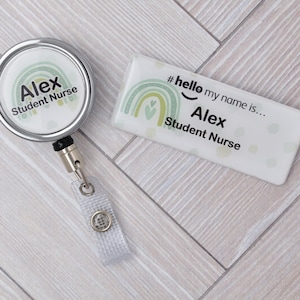 Badge et bobine Hello My Name Is avec finition en résine arc-en-ciel personnalisés, étudiant infirmière sage-femme hôpital NHS Nursery Preschool
