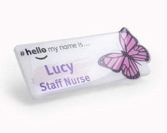 Resin Finish Butterfly Shaped Name Badge Premium Custom Durable NHS Doctor GP Student Nurse Midwife Hospital Personalised Magnet Pin