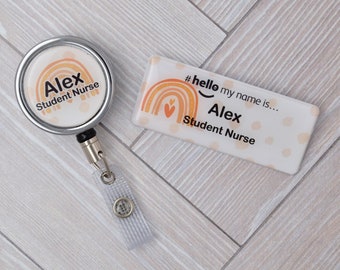 Resin Finish Hello My Name Is Name Badge and ID Reel Personalised Rainbow Student Nurse Midwife Hospital NHS  Nursery Preschool Polka