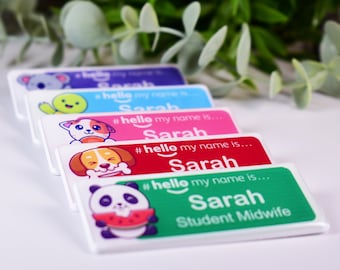 Resin Finish Hello My Name Is... Cute Animal Styles Rainbow Green Pink Blue Name Badge Student Nurse Midwife Hospital NHS 76 x 32mm