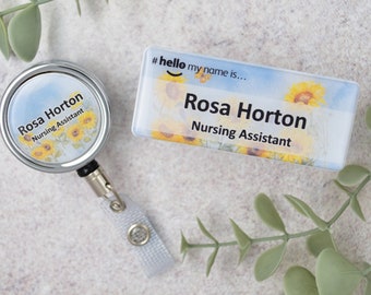 Resin Finish Hello My Name Is Name Badge and ID Reel Personalised Rainbow Student Nurse Midwife Hospital NHS  Nursery sunflower