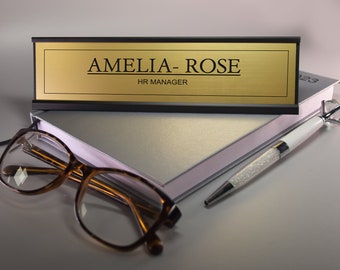 Personalised Desk Plaque with Black Text Desk Plaque Name and Job Title Gold or Silver Stand Modern Stylish Desk Accessories