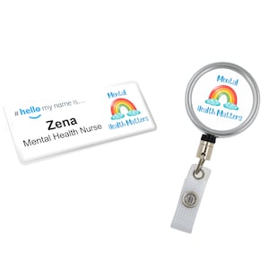 Resin Finish Hello My Name Is Name Badge and ID Reel Personalised Rainbow Student Nurse Midwife Hospital NHS  Mental Health Matters