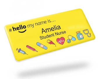 樹脂仕上げ パーソナライズされた #Hello My Name is Yellow 医療用ネームバッジ プレミアム 医師 学生 看護師 NHS 医療スタッフ 一般開業医 助産師 76 x 32 mm