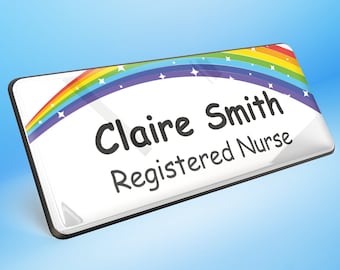 Sparkling Colourful Rainbow Premium Personalised Durable Custom Staff Name Badge 76 x 32mm White/Black