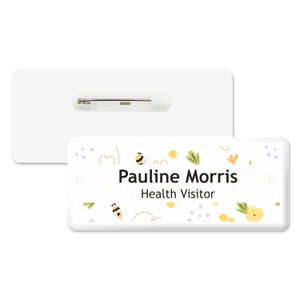 Hello My Name Is Bees Hearts Leaves Pattern Text Personalised Premium Domed Bespoke Custom Name Badge 76 x 32mm White White
