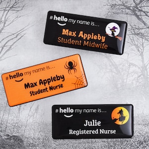 Placa con nombre de Halloween con acabado de resina, diseño de &quot;Hola, mi nombre es Halloween&quot;, para estudiantes, enfermeras, médicos, matronas, hospitales, profesionales del NHS, guarderías, preescolares, 76 x 32 mm