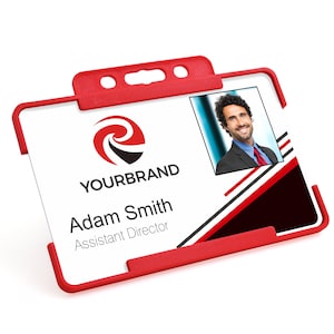 Badgemaster Votre logo professionnel personnalisé avec photo d'identité avec porte-cartes rigide rouge et cordon noir CR80