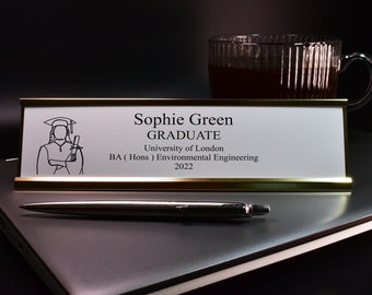 Graduate Desk Plaque with Black Text Desk Plaque Name and Job Title Gold or Silver Stand Modern Stylish Desk Accessories