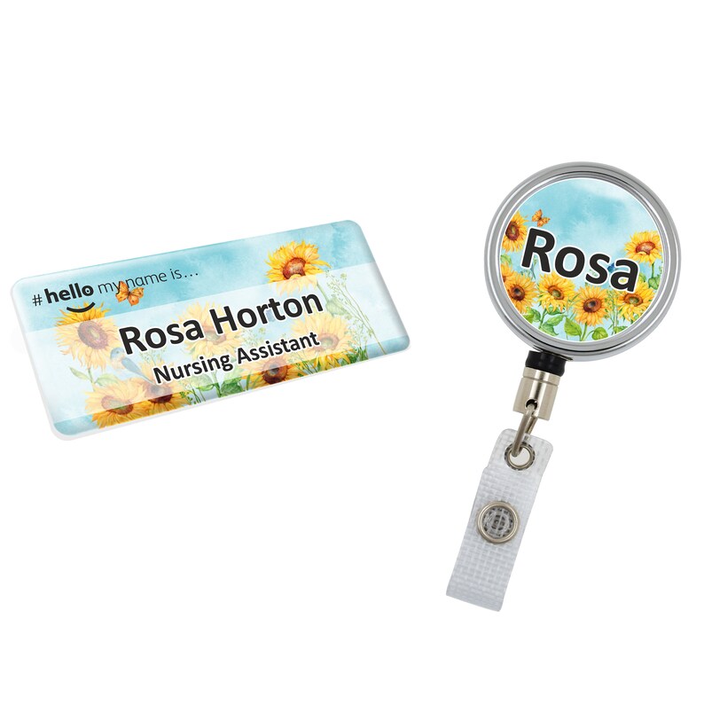 Resin Finish Hello My Name Is Name Badge and ID Reel Personalised Rainbow Student Nurse Midwife Hospital NHS Nursery sunflower Badge & ID Reel