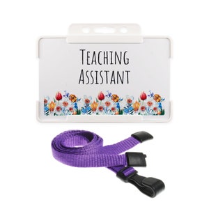 Carte de fond fleurs pour assistant enseignant - Porte-badge rigide blanc et lanière violette