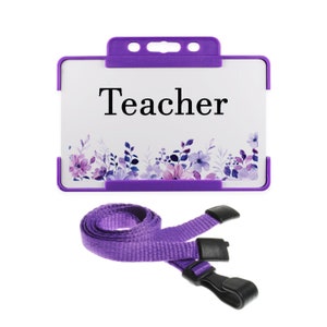 Carte de professeur fleurs violettes - Porte-badge rigide et lanière violets