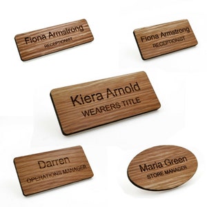 Personalised Eco Wooden Natural Oak Bamboo Engraved Name Badges Magnet Pin Clip