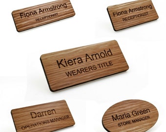 Personalised Eco Wooden Natural Oak Bamboo Engraved Name Badges Magnet Pin Clip