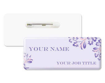 Resin Finish Purple Floral Design Premium Personalised Durable Custom Staff Name Badge 76 x 32mm