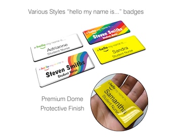 Badge nominatif Hello My name is divers styles, finition dôme en résine - Tel que vu sur TikTok