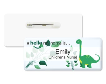 Hello My Name is Logo Dinosaur Badge Premium Domed White White 76 x 32mm Doctor Student Nurse Practitioner Healthcare Medical Staff GP