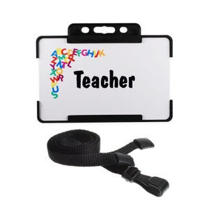 Cartão de alfabeto multicolorido preto para professor - porta-crachá rígido preto e cordão