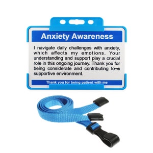 Carte de sensibilisation à l'anxiété - Merci de votre patience - Porte-badge rigide bleu clair et lanière