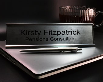 Personalised Desk Plaque with Black Text Desk Plaque Name and Job Title Gold or Silver Stand Modern Stylish Desk Accessories