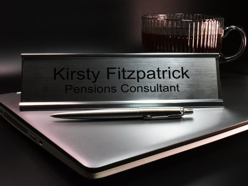 Personalised Desk Plaque with Black Text Desk Plaque Name and Job Title Gold or Silver Stand Modern Stylish Desk Accessories image 1