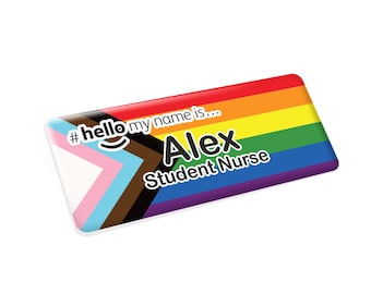 Resin finish personalised hello my name is progress pride flag name badge lgbt lgbtq lgbtqia student nurse nhs staff midwife 76 x 32mm