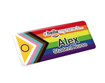 Resin finish personalised hello my name is intersex inclusive flag name badge lgbt lgbtq lgbtqia student nurse nhs staff midwife 76 x 32mm