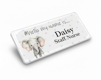 バッジマスター 樹脂仕上げ Hello My Name Is Cute Elephant ネームバッジ デザイン 76 x 32 mm ホワイト/ホワイト