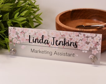 Personalised Professional Frosted Acrylic Desk Plaque Cherry Blossom Desk Plate Desk Sign Home Office Work Custom