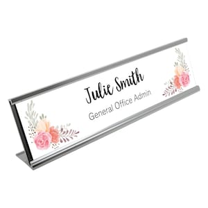 Yellow Pink Flowers Desk Plaque with Black Name and Job Title Gold or Silver Stand Modern Stylish Desk Accessories