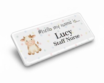 バッジマスター 樹脂仕上げ Hello My Name Is Cute 牛のネームバッジデザイン 76 x 32 mm ホワイト/ホワイト