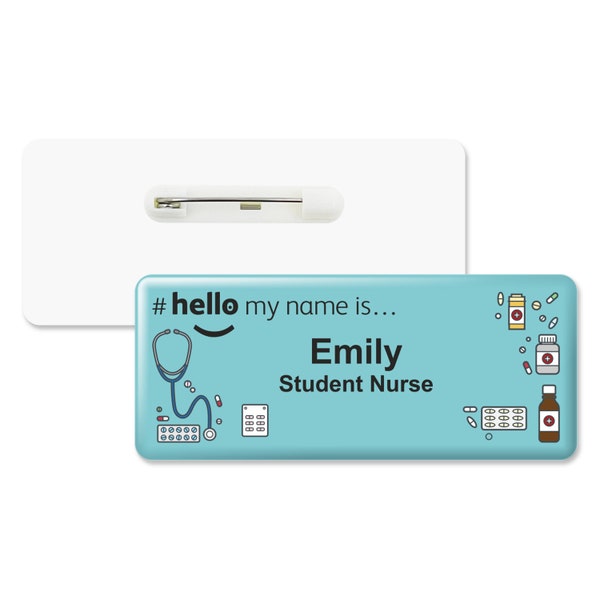 Hello My Name is Logo Teal Tablet Design Badge Premium Domed White White 76 x 32mm Doctor Nurse Practitioner Healthcare Medical Staff GP