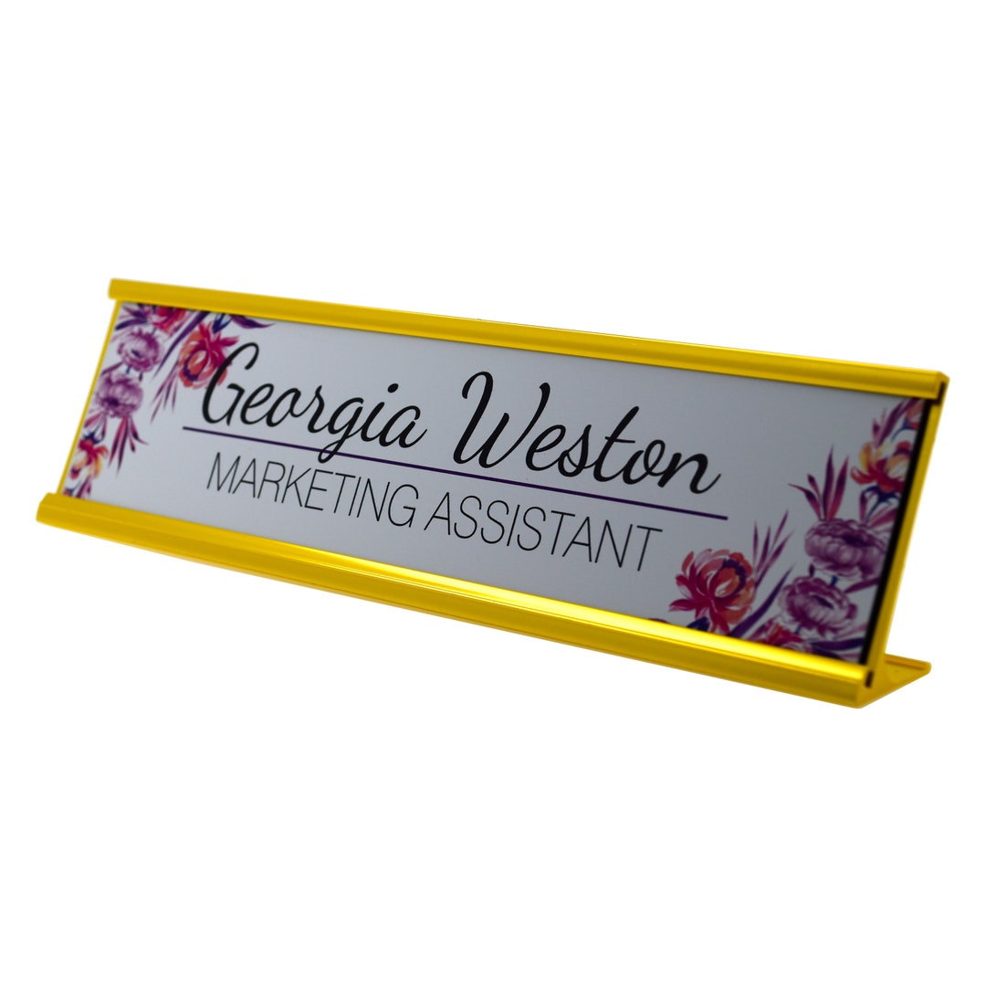 Red Purple Flowers Desk Plaque With Black Name and Job Title Gold or