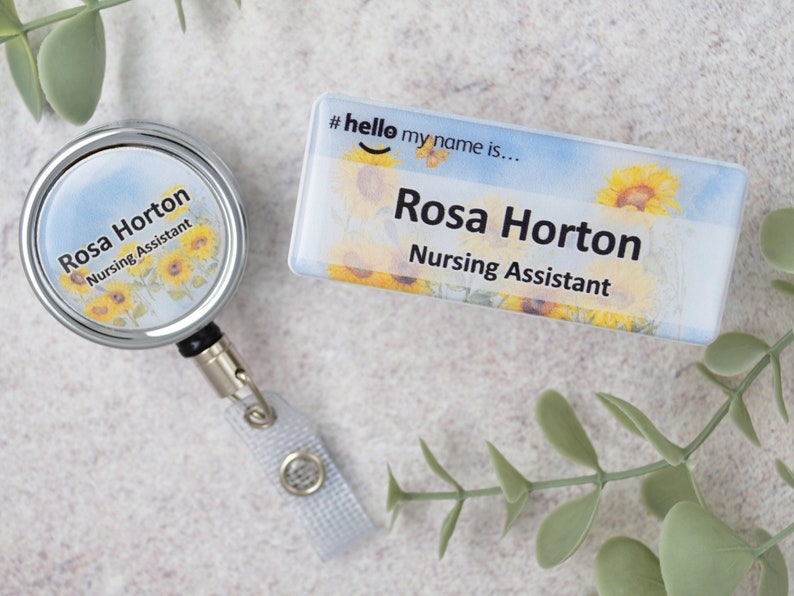 Resin Finish Hello My Name Is Name Badge and ID Reel Personalised Rainbow Student Nurse Midwife Hospital NHS Nursery sunflower zdjęcie 1